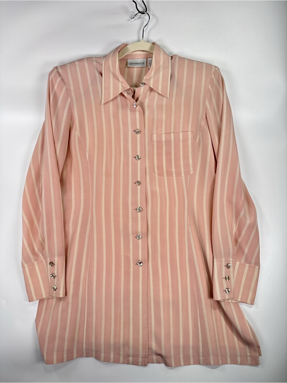 Liz Claiborne Long Sleeve Blouse Shoulder Pads Silk Stripe Pink White 6 - Picture 2 of 12